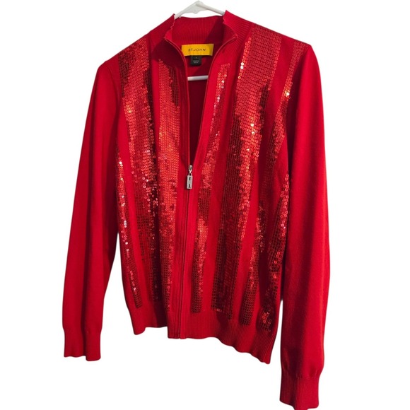 ST. JOHN Knit Jacket RED Sparkles/Shimmery ZIP - Sz S  Excellent! - Picture 3 of 6